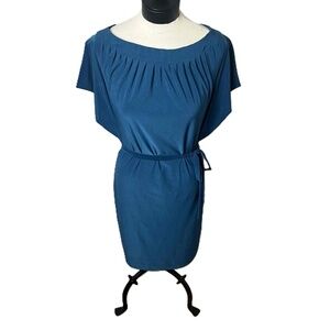 Komarov Petite Blue Short Sleeve Pleated Neck Tie Waist Sheath Dress Size S‎